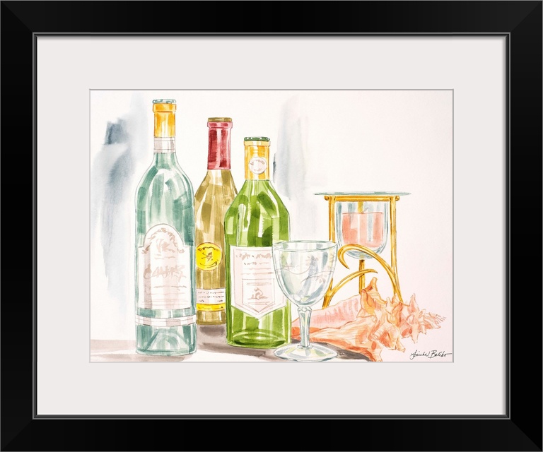 Watercolor painting of wine bottles with candles and a conch shell.