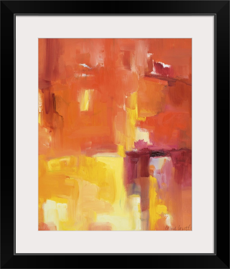 Fiery abstract artwork in bright orange and red tones.