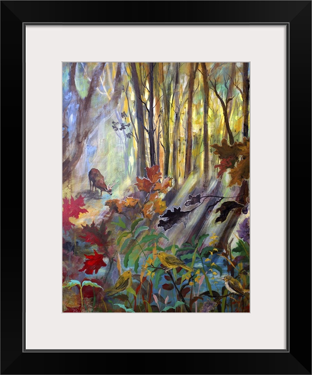 Contemporary painting of a deer in a shaded forest, drinking from a creek.