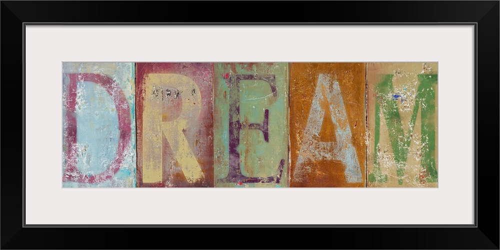 Horizontal typographic artwork of distressed painted letters spelling out an inspirational word.
