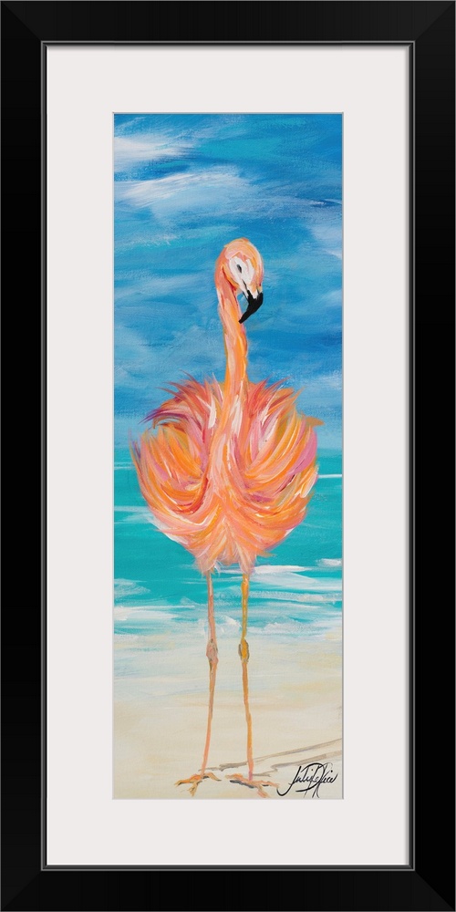 Contemporary painting of a pink flamingo standing on a beach with the ocean in the background.