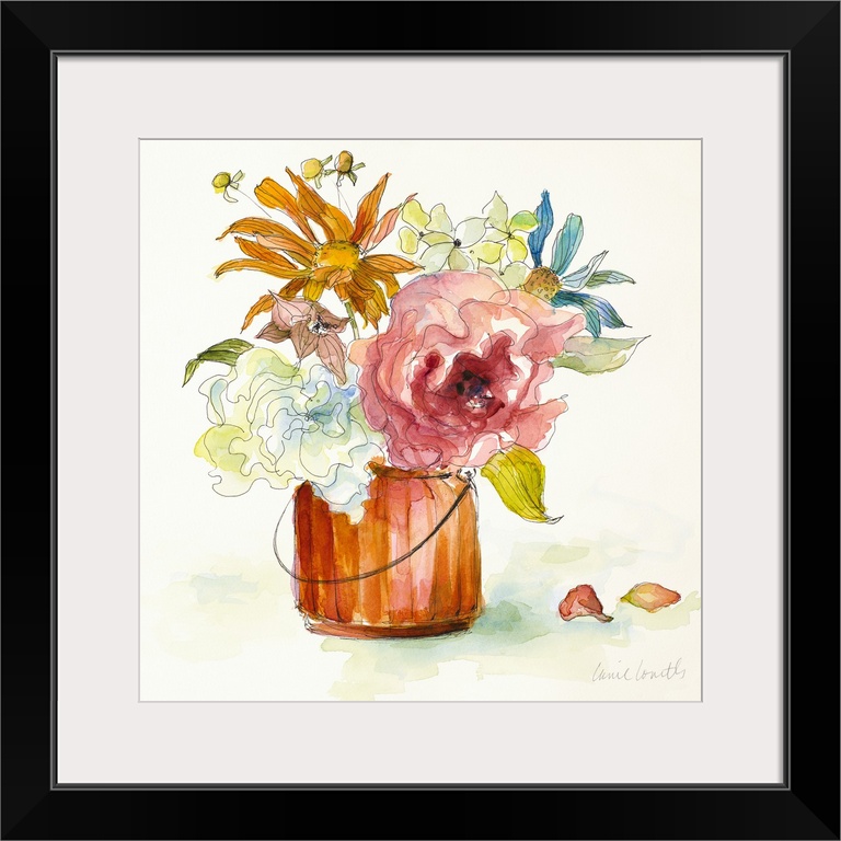 Square watercolor painting of arranged wildflowers in an orange vase.