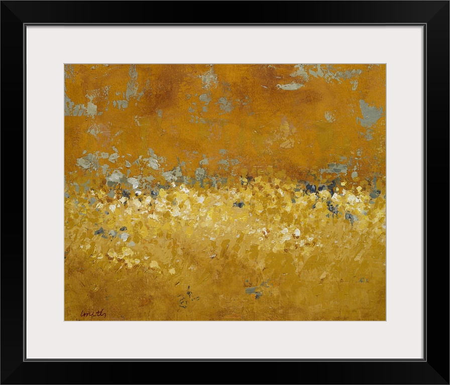 Abstract painting done in golden tones, creating a semblance of a field of wildflowers at sunset.