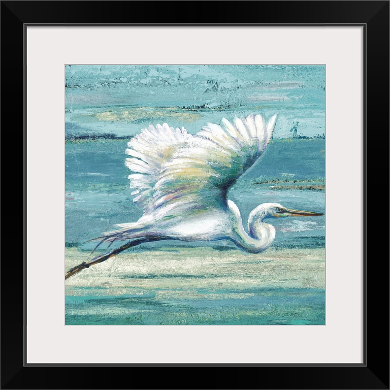 Contemporary painting of a white egret in flight against a blue abstract background.