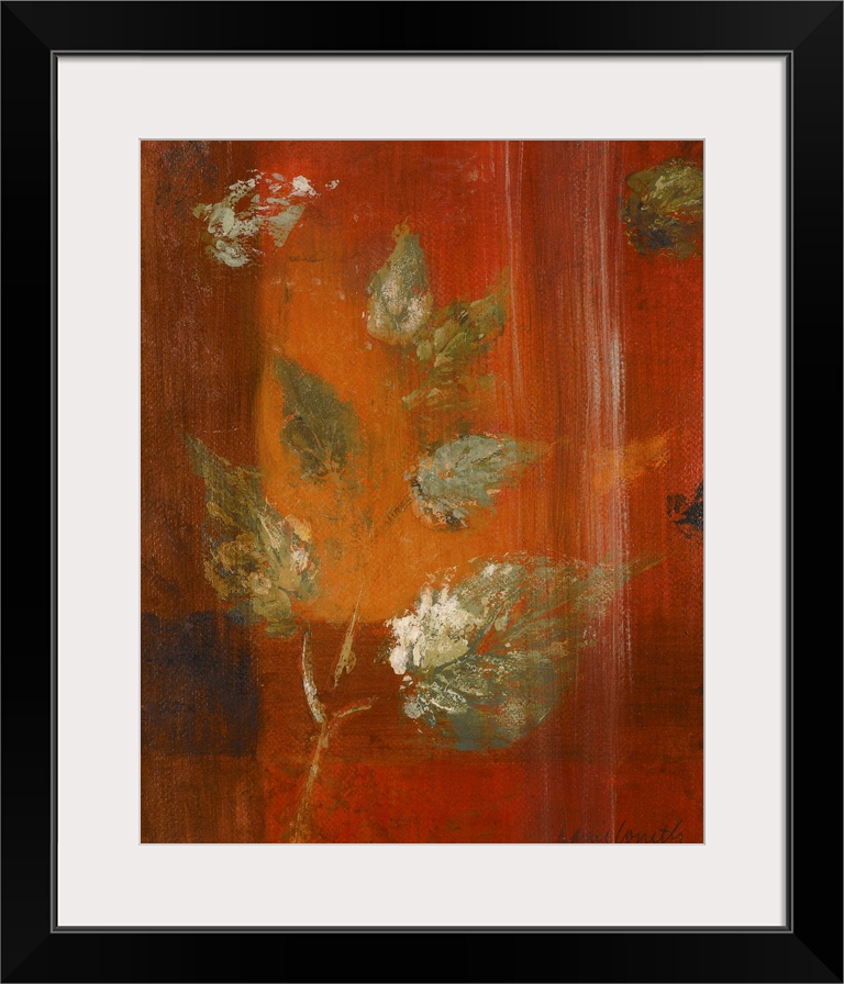 Contemporary artwork in oranges and reds with leaf imprints.