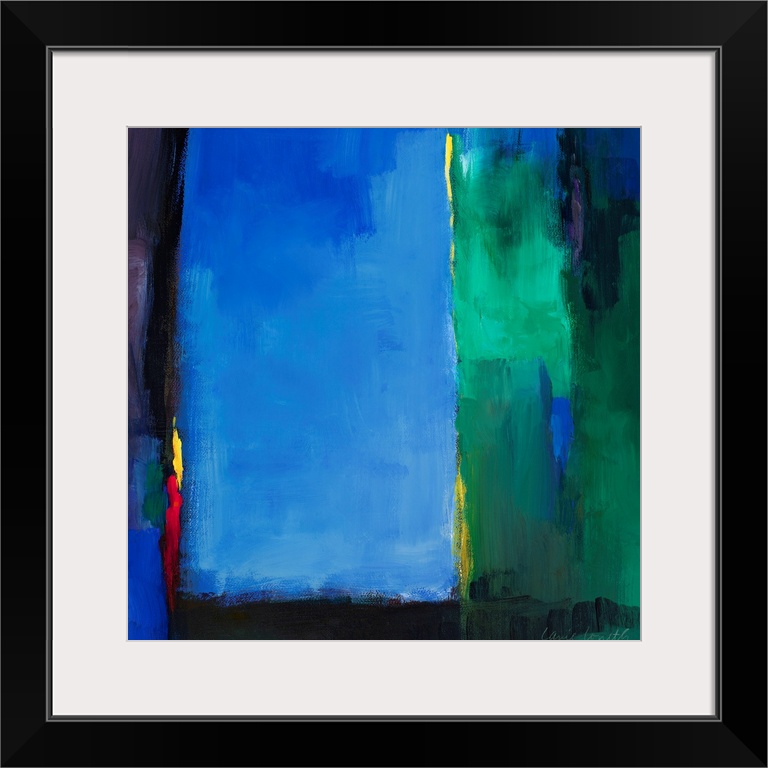 Square abstract painting of brush strokes of various colors layered on top of each other.