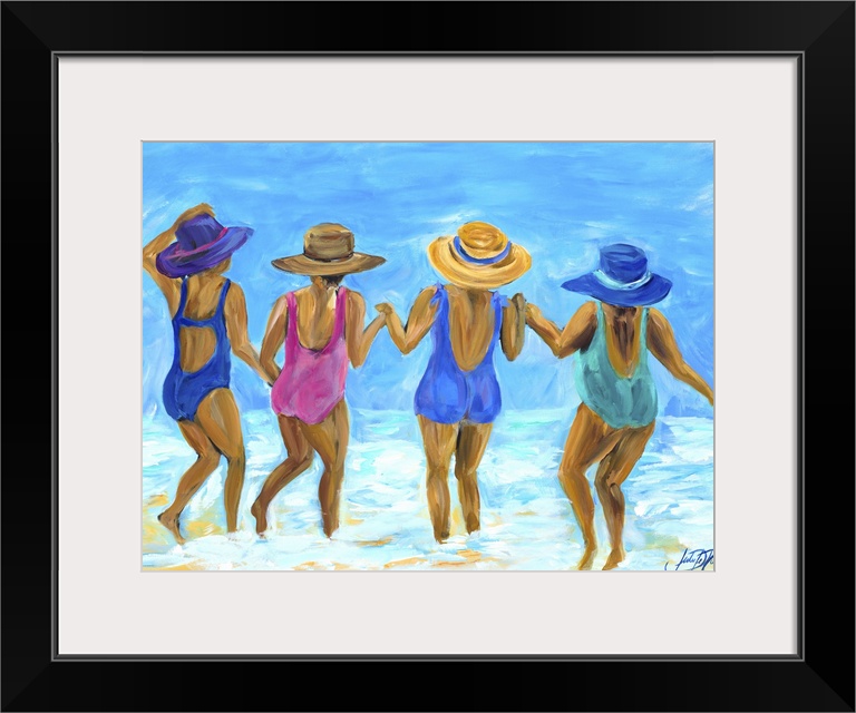 Painting of four ladies in hats and swimsuits playing in the ocean.