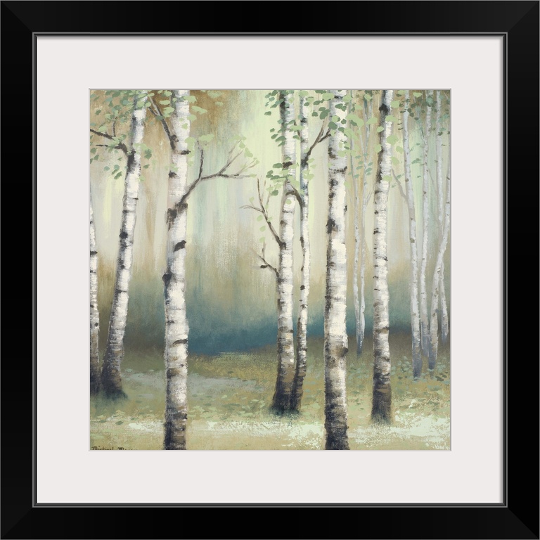 Painting of thin white birch trees in a dark eerie looking forest.