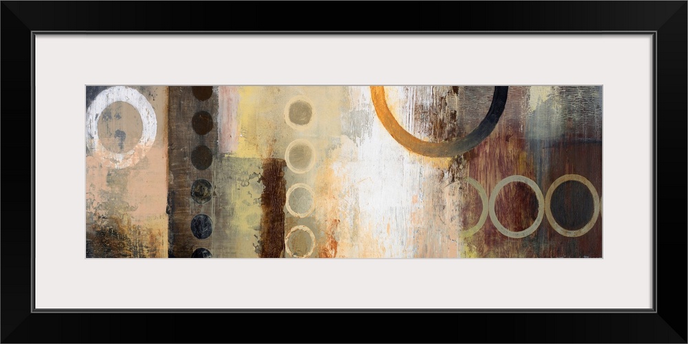 Abstract artwork featuring multiple circular shapes in mostly neutral tones.