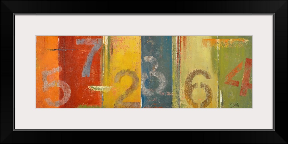 Landscape artwork on a large wall hanging of  six different single digit numbers, roughly painted and randomly placed on v...