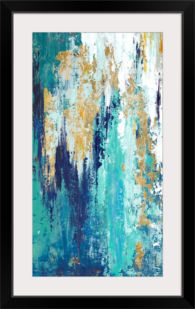 Tall abstract painting with long vertical brushstrokes of color in shades of blue with some white and metallic gold.