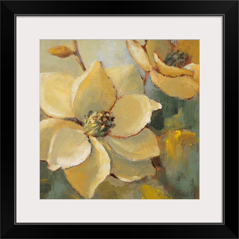 Square, oversized home art docor of two large magnolias in full bloom.  Painted with rough brushstrokes in neutral and gol...