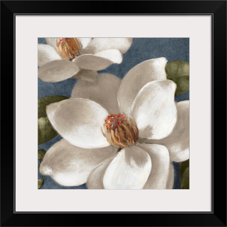 Acrylic painting of two flowers with broad petals in full bloom backed by rounded leaves.