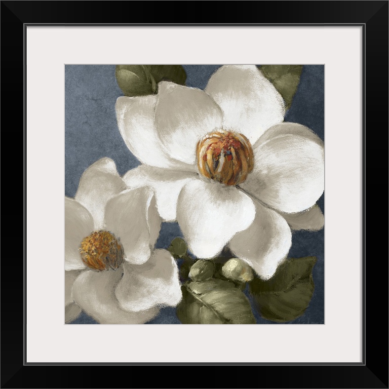 Square floral painting of two fully bloomed magnolia flowers, surrounded by leaves, on a grey blue background.