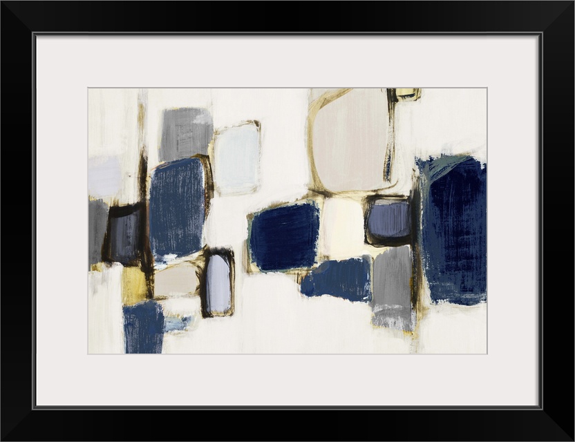 Contemporary abstract art with dark blue shapes on light grey.