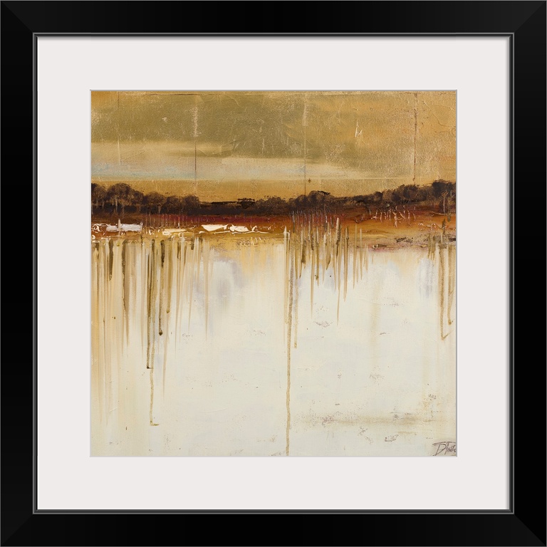 Abstract art painting in neutral tones with a darker top and a lighter bottom separated by a row of trees.