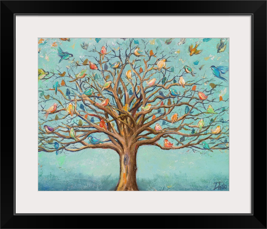 Artwork of a tree with branches full of colorful birds.