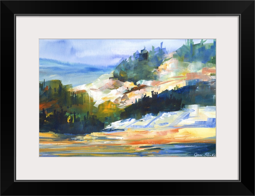 Colorful landscape painting of a mountainous coastline.