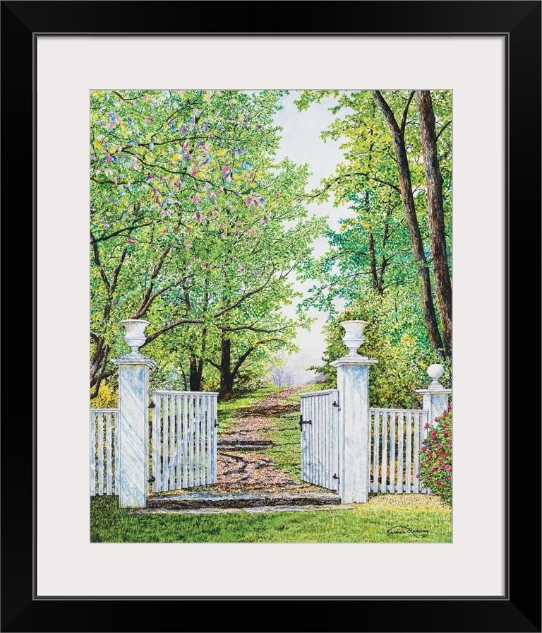 A contemporary painting of a white gate leading to a path lined with green trees.