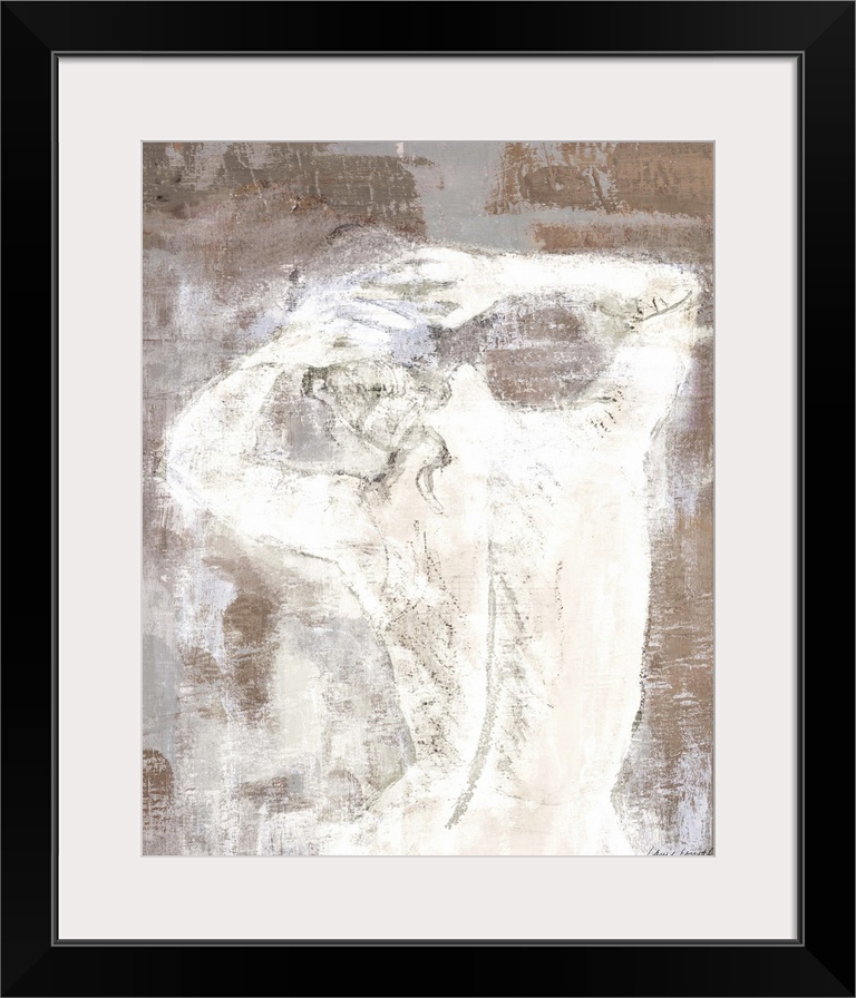 Contemporary painting of a nude figure on a textured brown background.