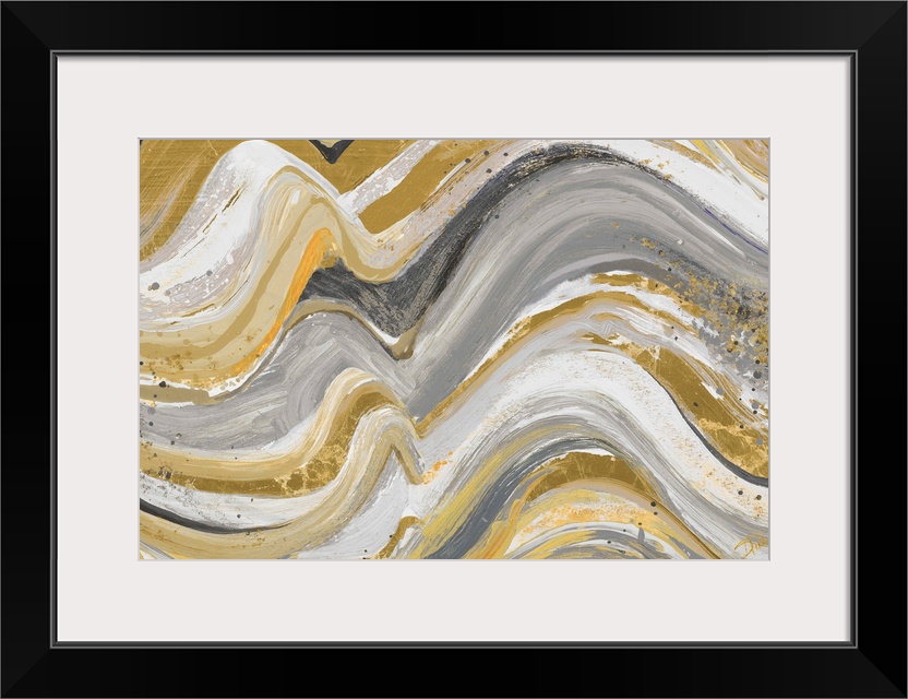 Contemporary abstract painting with wavy lines piled on top of each other in earthy shades of yellow, gray, white, and gold.