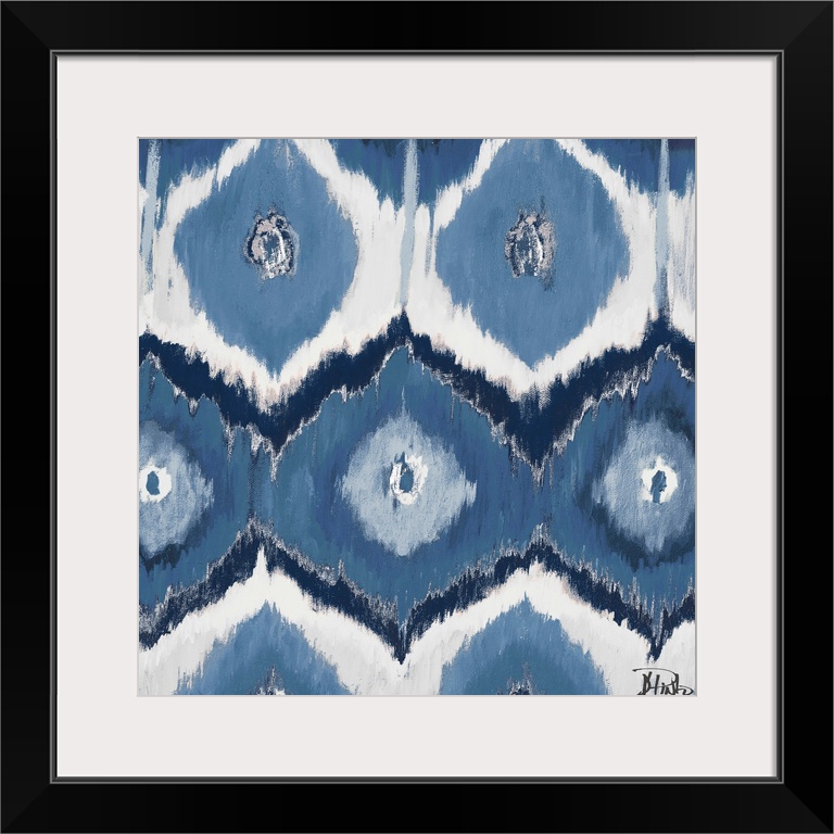 Contemporary painting of an Ikat pattern in tones of blue and gray.