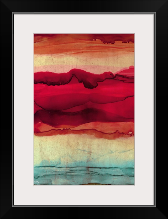Abstract painting with orange, pink, red, and blue hues layered together to resemble mountains.