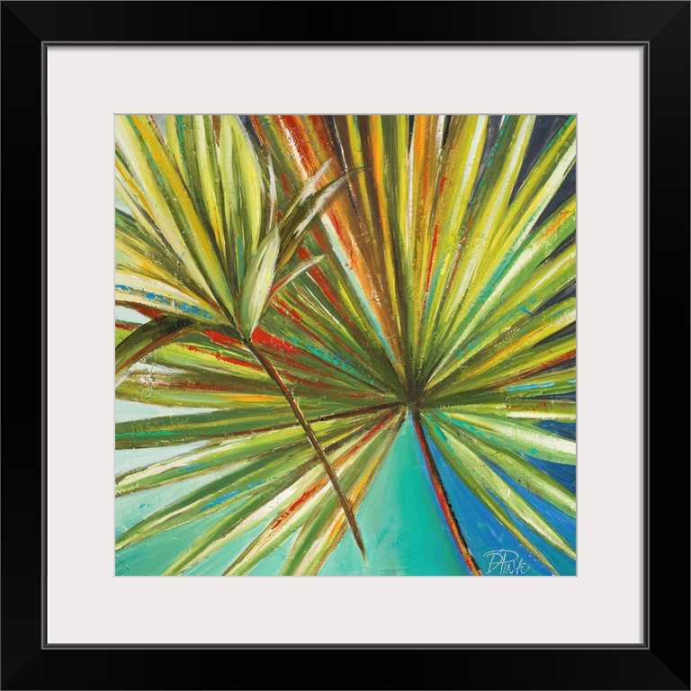 Painting of a vibrant green palm frond against a blue green background.