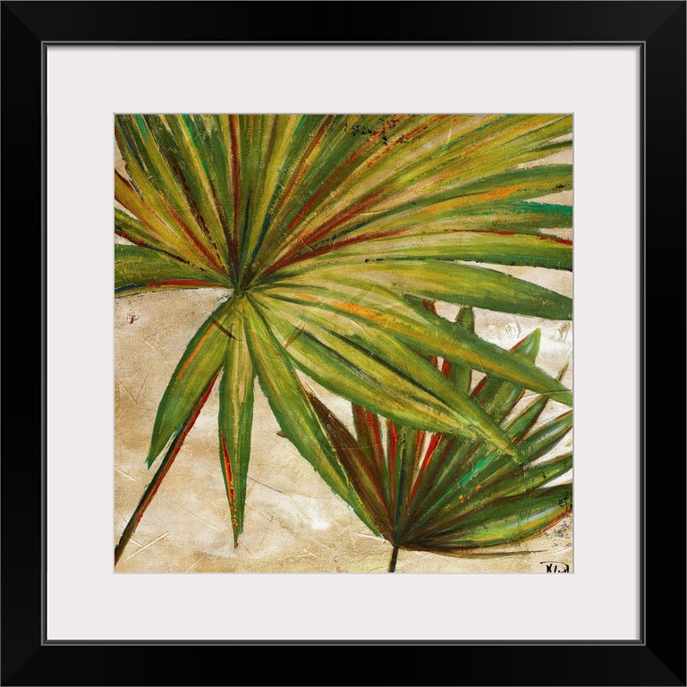 Painting of a vibrant green palm frond against a beige background.