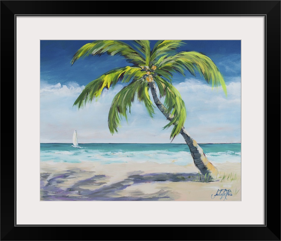 Painting of a relaxing coastal scene with a sandy beach and a big palm tree with a sailboat in the distance.