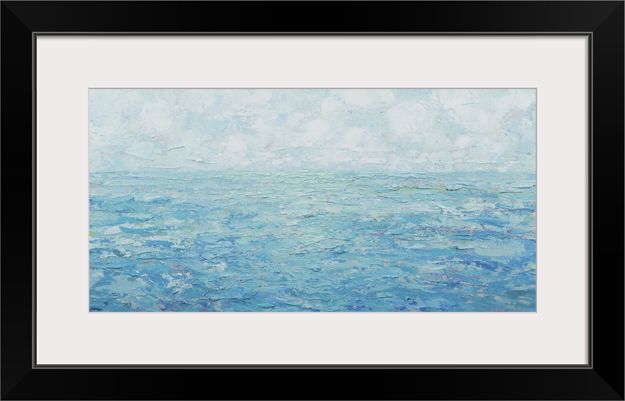 Contemporary artwork of a blue seascape with a cloudy sky.
