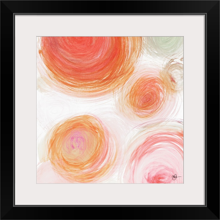 Circular designs in vibrant warm colors fill this contemporary artwork.