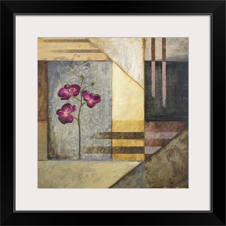 Square painting on canvas of different shapes and patterns with purple flowers painted on top.