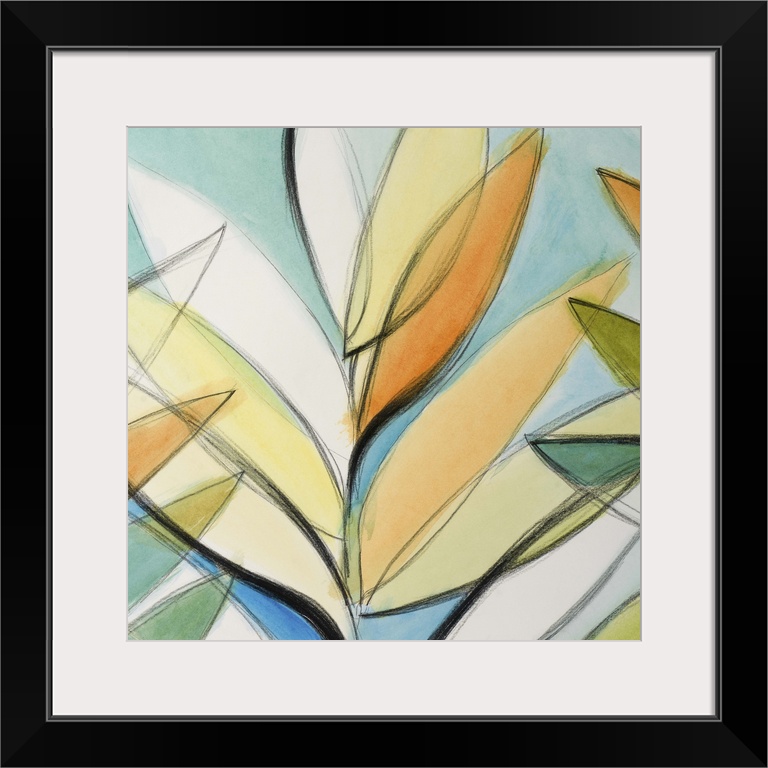 Semi-abstract painting of colorful intersecting palm leaves.