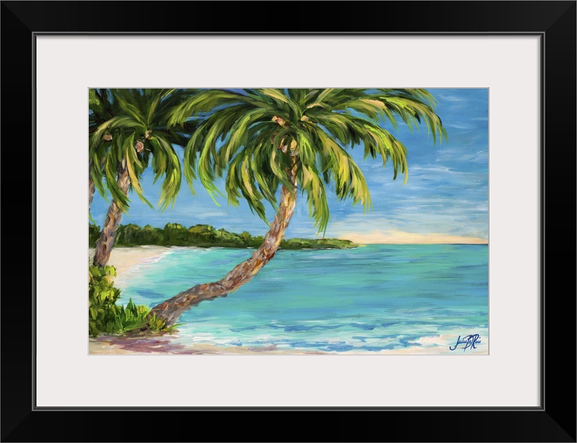 Painting of palm trees stretching out over a tropical ocean.