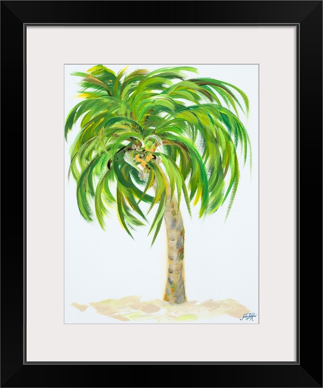 A painting of a palm tree with flowing palm leaf branches on a white background.