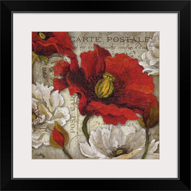 A floral painting on a French postcard background.