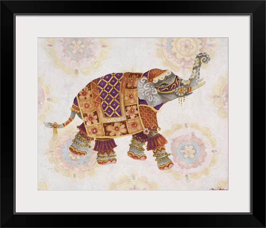 A decorative painting of a festive elephant on a floral medallion background.