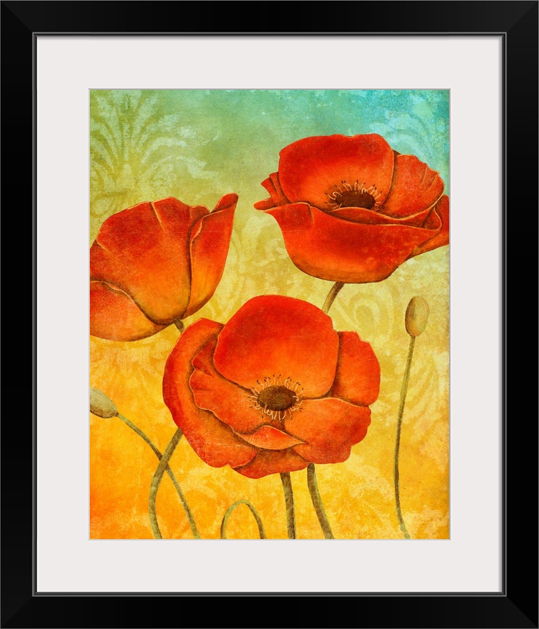 Contemporary painting of three red poppies on a yellow and blue background.