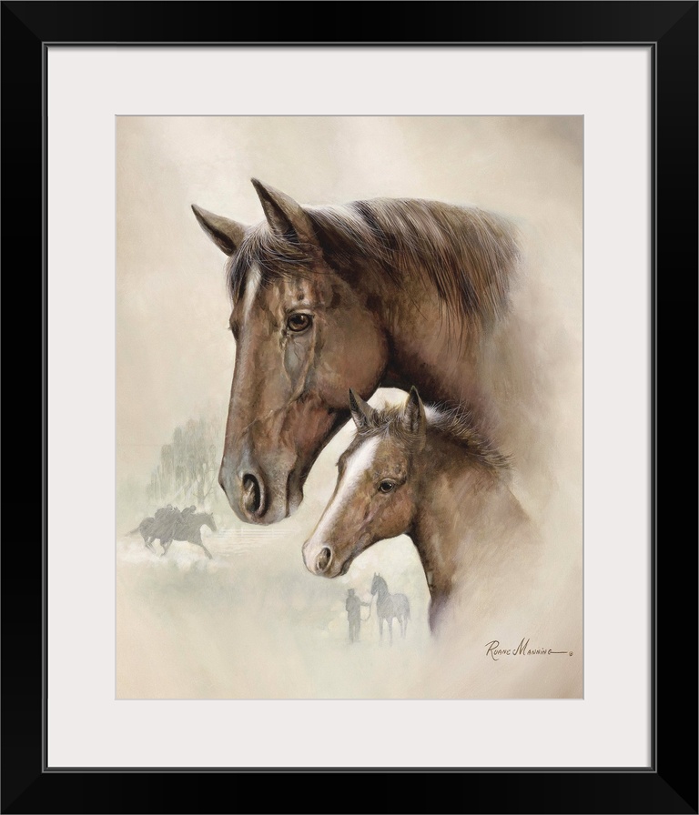 Painted portrait of a brown mare and her young foal.