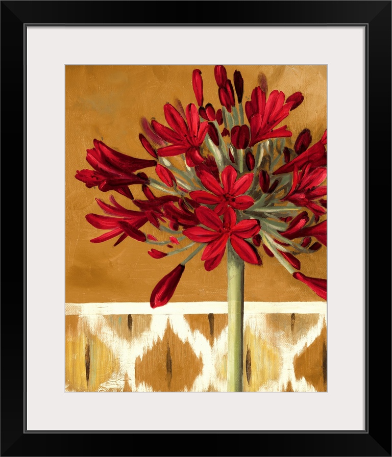 An arrangement of painted lilies against a patterned background.