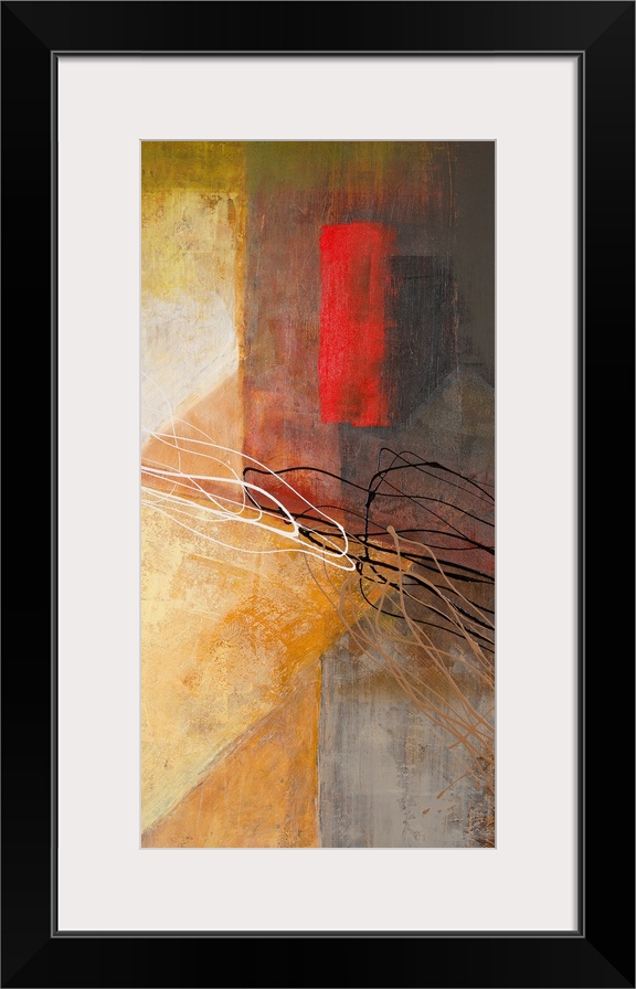 Vertical, abstract art work created with sanded paint textures, and paint dribbles.