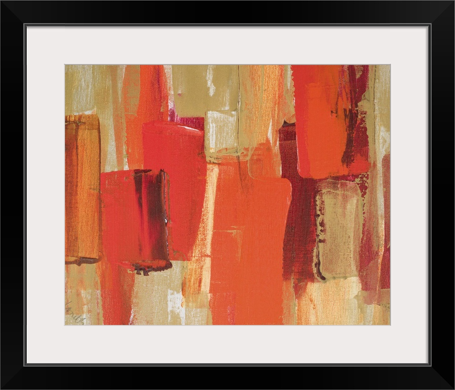 Contemporary abstract painting of red geometric shapes against a light brown background.