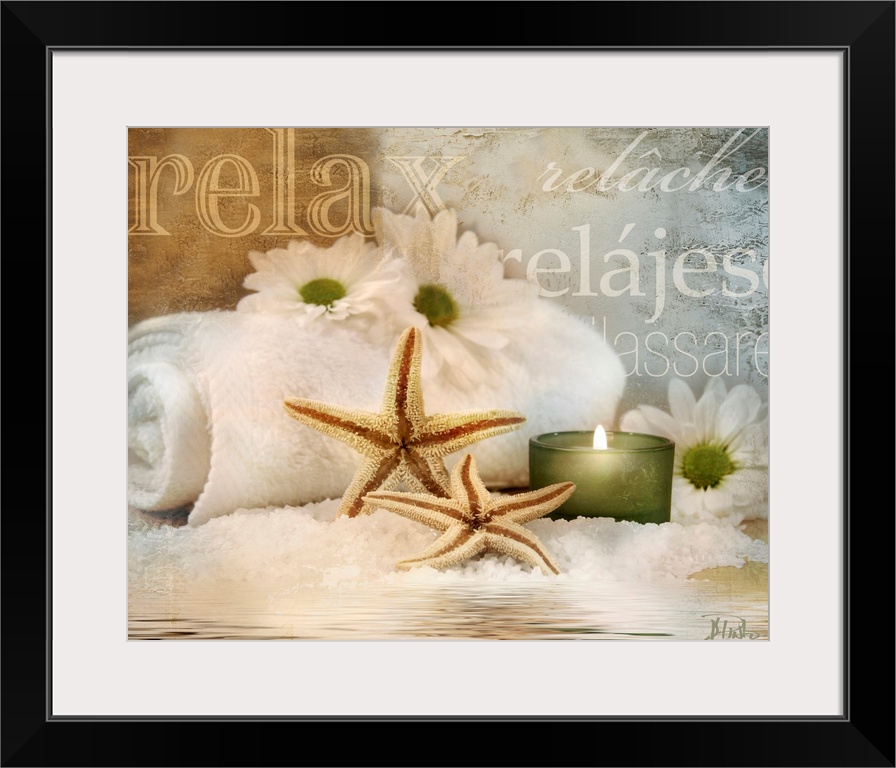 Seaside spa themed home docor wall art of daisies, starfish, a candle, and super imposed typography saying orelaxo in diff...