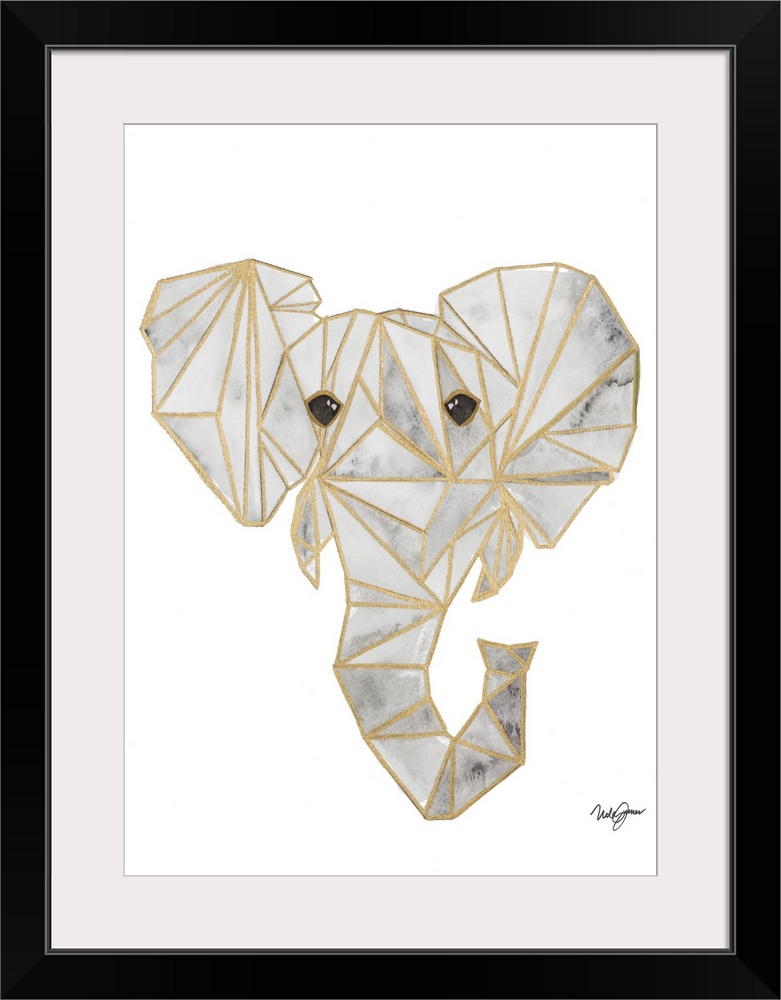 Watercolor painting of an elephant created with metallic gold geometric shapes on a solid white background.