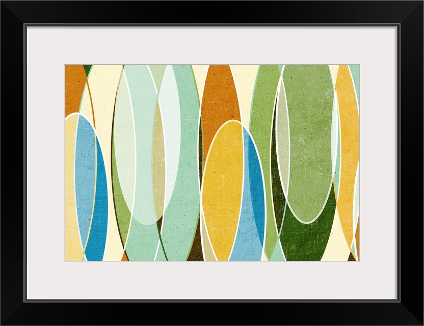 Abstract painting with a mid-century feel of organic shapes with clean lines and mild colors.