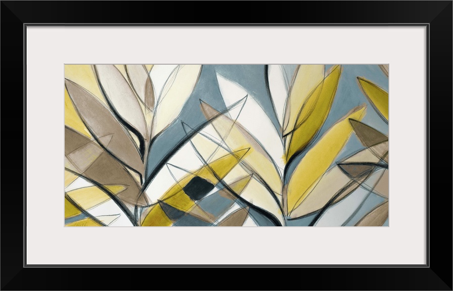 Semi-abstract painting of colorful intersecting palm leaves.