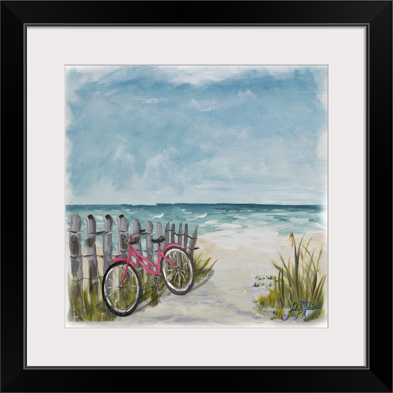 Square painting of a red bicycle leaning against a wood picket fence on a sandy pathway leading to the ocean.