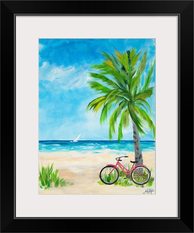 Contemporary painting of a red bicycle leaning up against a palm tree on a sandy beach with a white sailboat in the distance.