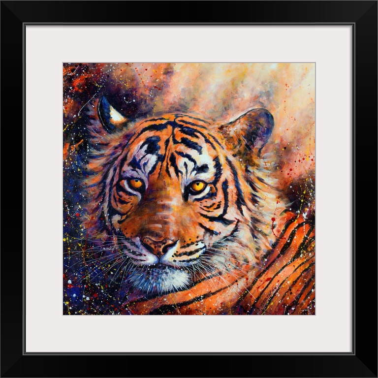 Contemporary artwork featuring a fierce tiger and paint splatters throughout.